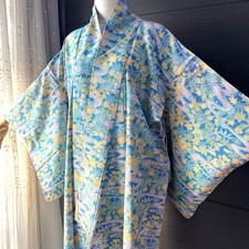 Boro Japanese Kimono Aged Textile Robe Blue Floral Pattern Kimono Showa Japan