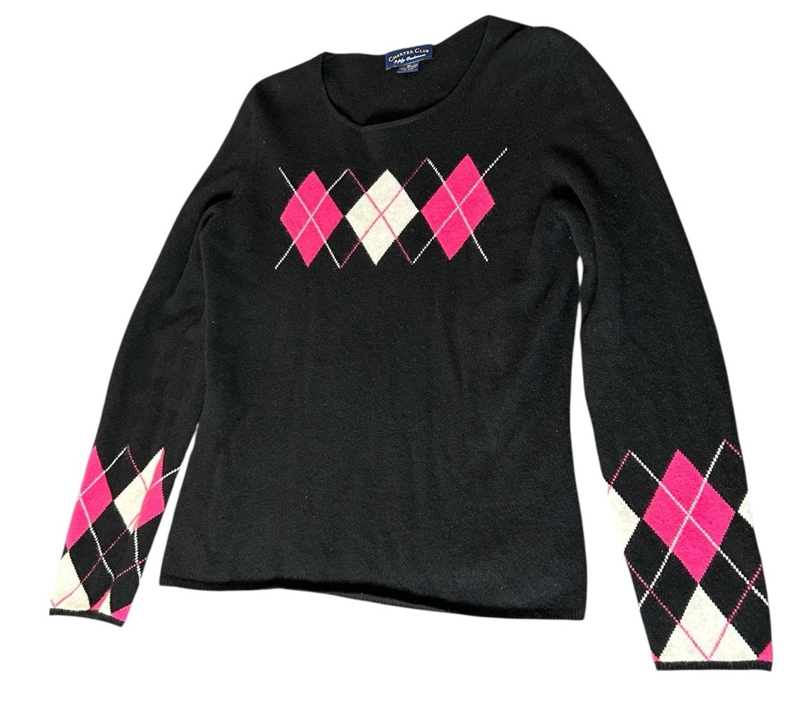 Vtg Charter Club 2-ply Cashmere Argyle Sweater Women Size Medium Black Pink