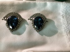 Vtg. Signed Bluette Rhinestones Shoe Clips Made in France Large Blue Stones