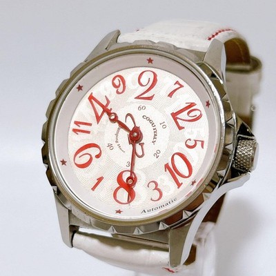COGU Watch Automatic White Red See-Through Case Back Mens Vintage Japan