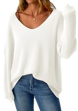 Women's Oversized Sweaters V Neck Off The Shoulder Sweater Long Small White