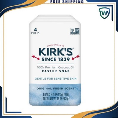 Kirk's Castile Bar Soap - Made With Premium Coconut Oil, Original Fresh Scent, 4