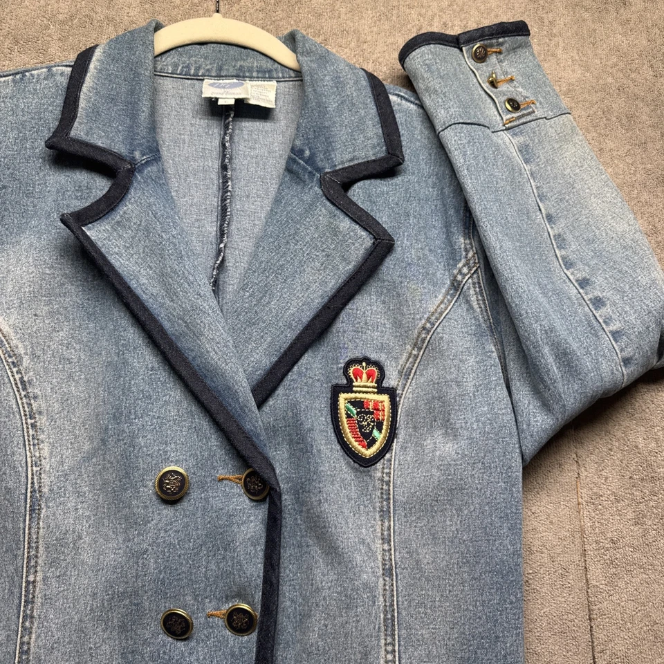 Vintage 90s Denim Blazer Double Breasted Crest Patch Old Money Preppy Style L - Image 2 of 4