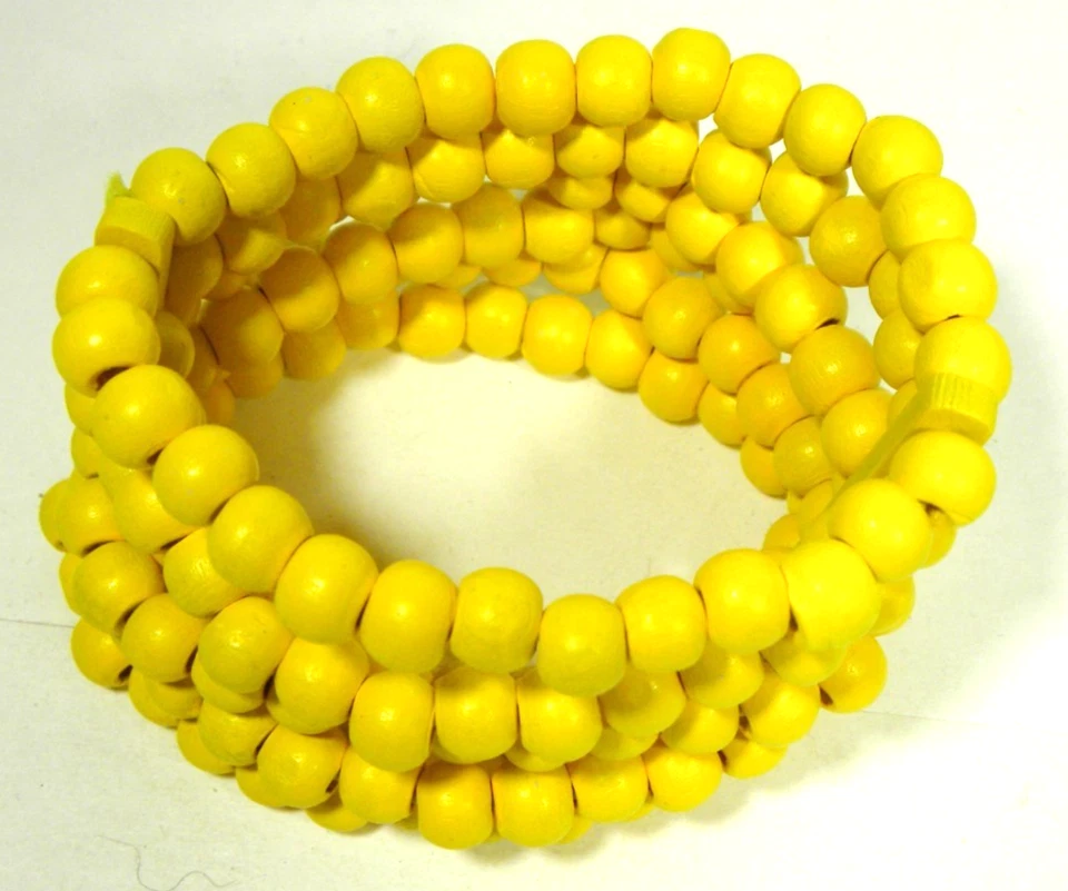 Pulsera elástica con cuentas amarillas madera apilada cuentas redondas 6 filas boho ancho Foto 4 de 4