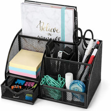 Desk Organiser Black Metal Mesh Desktop Tidy & Pen Holder Multi-Use Organiser