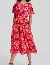 Kensie Women's Red Floral Print Pintucked Fit & Flare Dress Sz 4