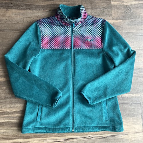 FILA Sport Women’s Full Zip Fleece 90’s Green And Pink Reflector Size Medium