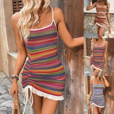 Womens Boho Striped Strappy Mini Dress Bodycon Ruffle Summer Holiday Sundress