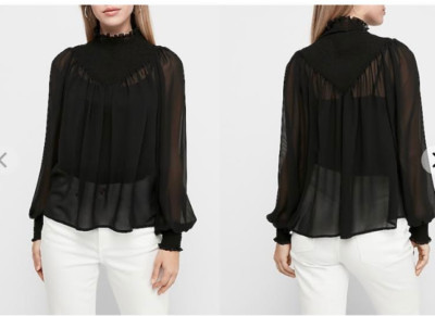 Express Smocked Mock Neck Balloon Sleeve Shirt In Solid Black, New