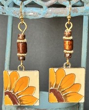 Beautiful Golden Sunflower and Wooden Bead Earrings. Fall. Bloom