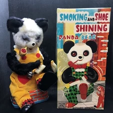 1950s Alps Smoking Shoe Shine Panda WORKING Battery Operated Toy ORIGINAL BOX 
