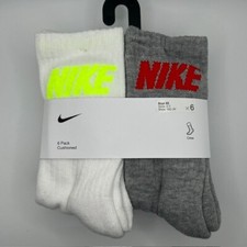 Nike Youth Cushioned Crew Socks 6-Pair Pack White/Grey Size 5  7 10C  3Y NWT