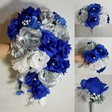 Royal Blue Silver White Rose Bridal Wedding Bouquet Accessories