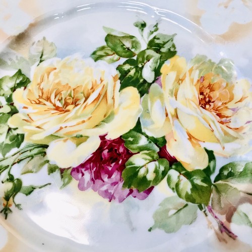 Plato para servir pastel antiguo de porcelana con mango de brillo rosas amarillas de Alemania - Imagen 7 de 12