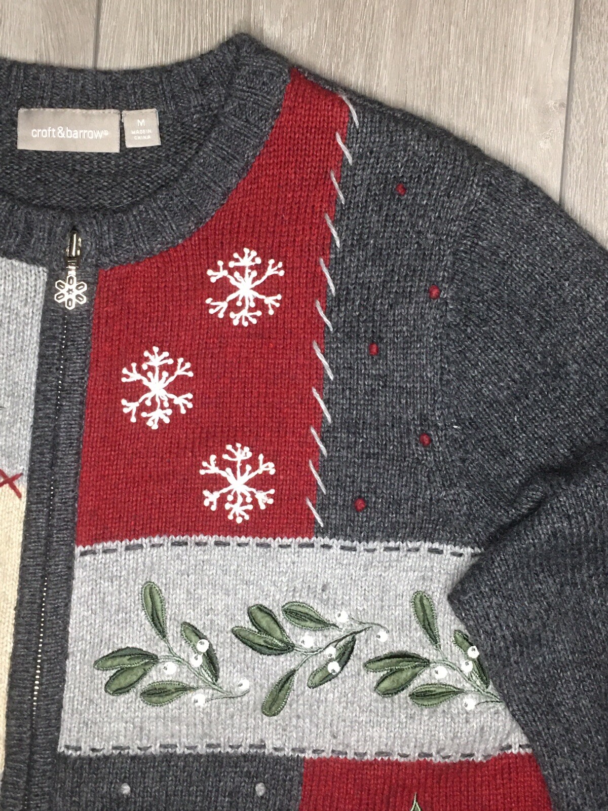 Croft & Barrow Cardinal Patchwork Gray Zip-Up Car… - image 6