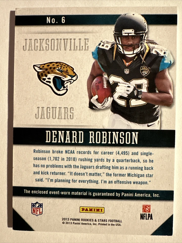 2013 Rookies & Stars Freshman Orientation Materials Denard Robinson #6 Rookie RC - Image 2 of 2