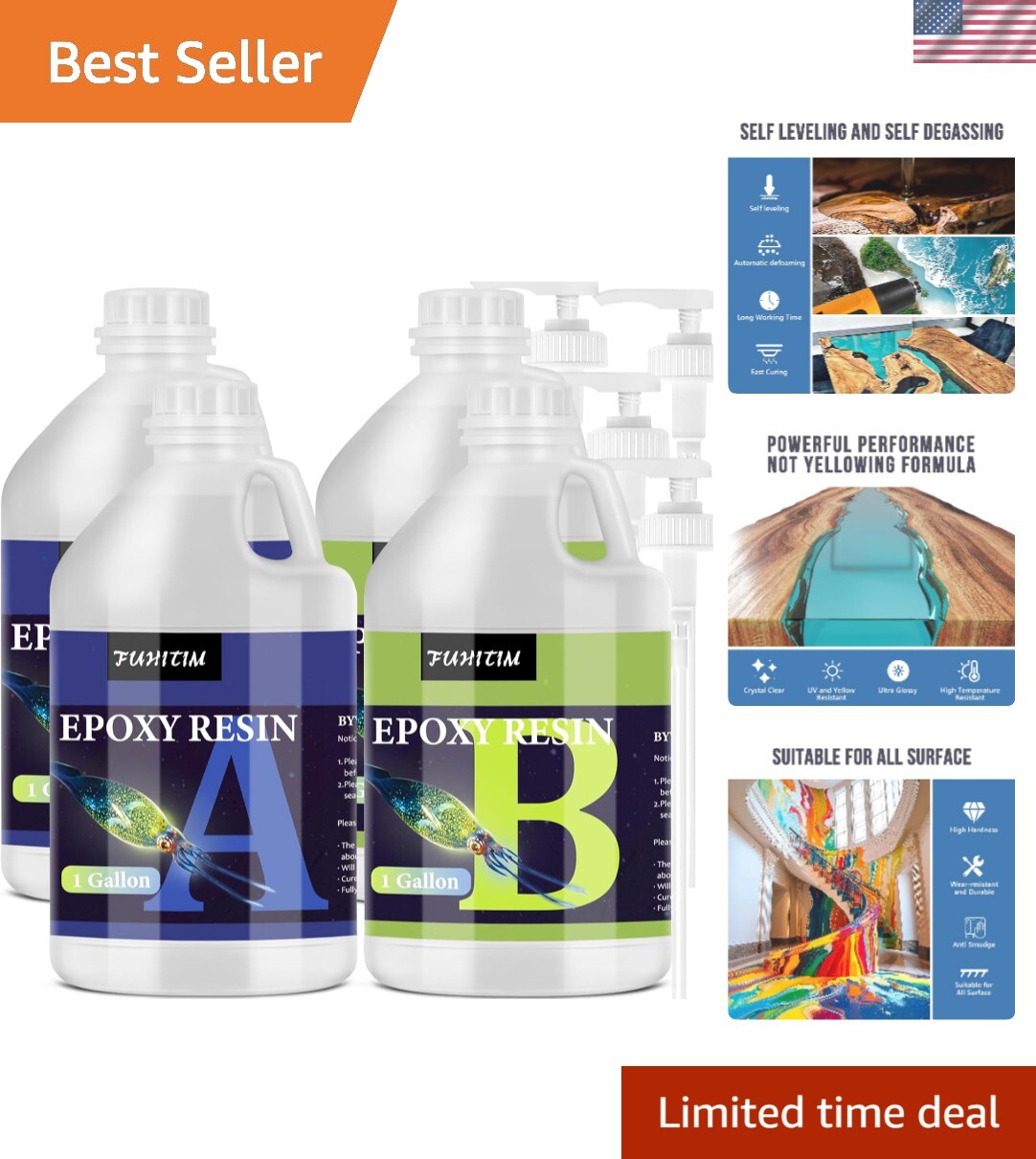 4 Gallon Fast-Curing Self-Leveling Crystal Clear Epoxy Resin Kit for Crafts