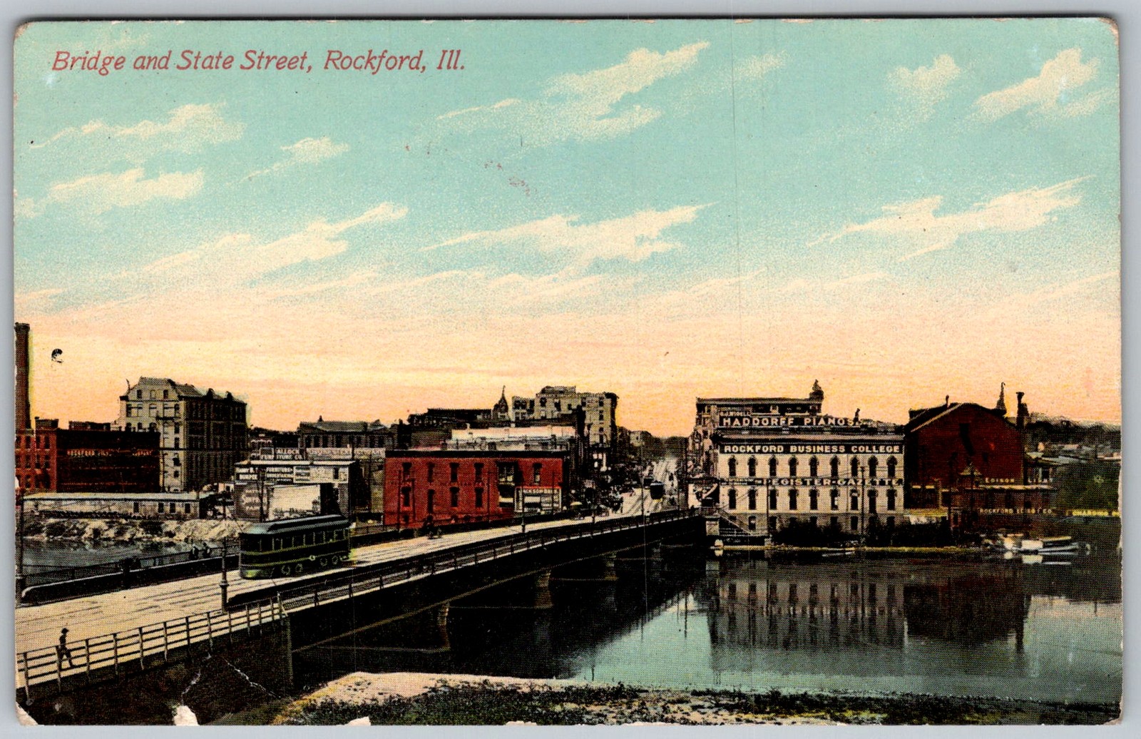 Antique Postcard Bridge & State Street Rockford, IL 1910s