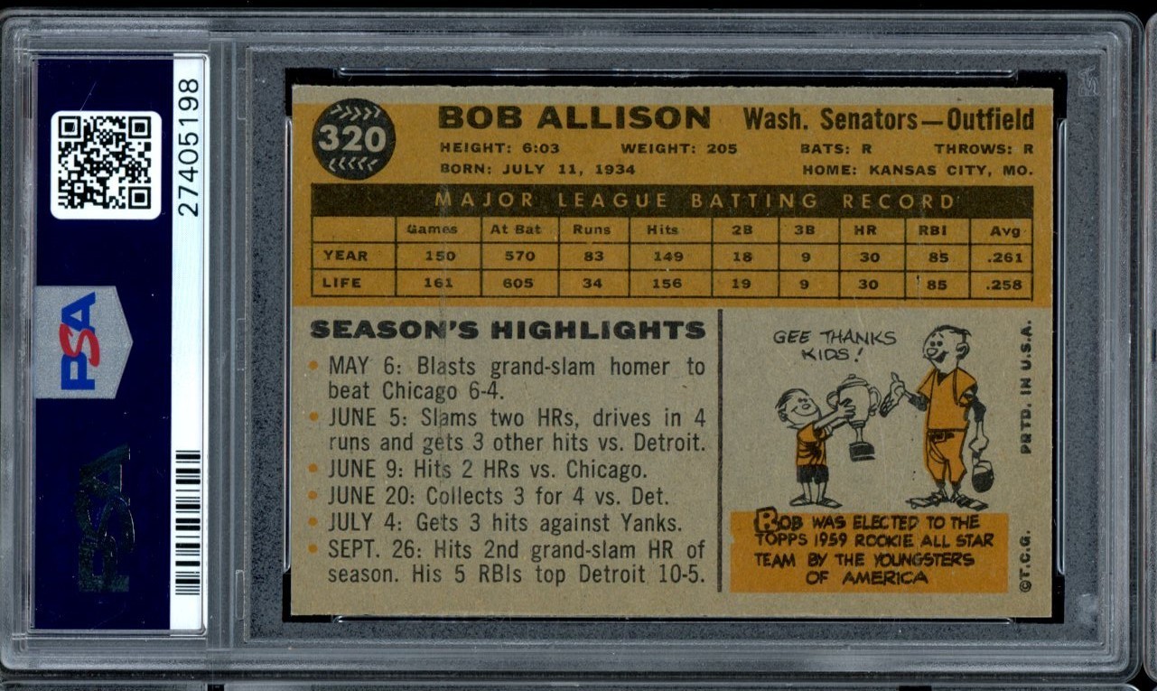 1960 Topps Baseball #320 Bob Allison PSA 8 view 2