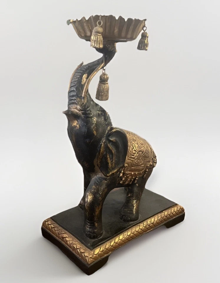 VINTAGE STERLING INDUSTRIES DECORATIVE ELEPHANT STATUE Asian Style Black & Gold - Image 2 of 4