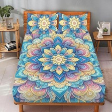 Queen Size Sheet and Pillows Bed Set. Colorful Pattern