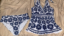 Women  s Blue/White Floral 2-Piece Tankini Set Halter Tie Strap Plus 4XL