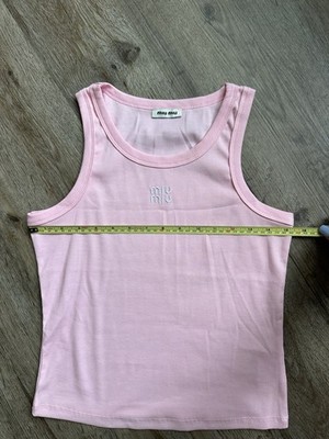 Miu Miu Pink Ribbed Knit Logo Tank Top Scoop Neck Sleeveless Size