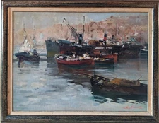 Ezelino Briante Neapolitan Harbour Scene Impressionist Mid-Century Oil Painting