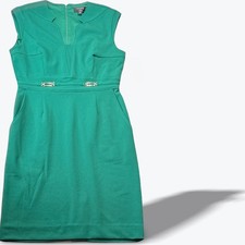Tahari ASL Sleeveless Sheath Dress Womens 4P Emerald Green Gold Buckle Detail