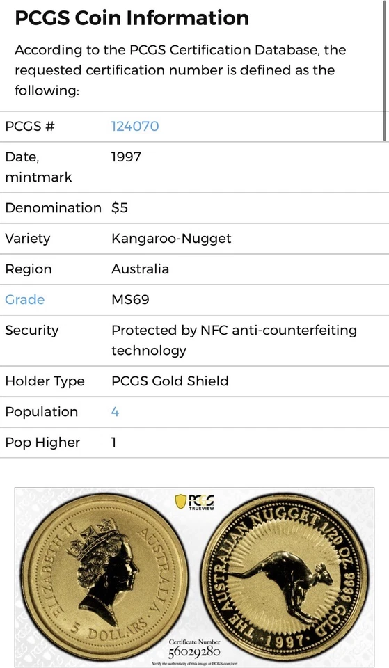 1997 $5 Australia 1/20 Oz Gold Bullion Kangaroo / Nugget Coin • MS69 POP 4 - Image 2 of 2