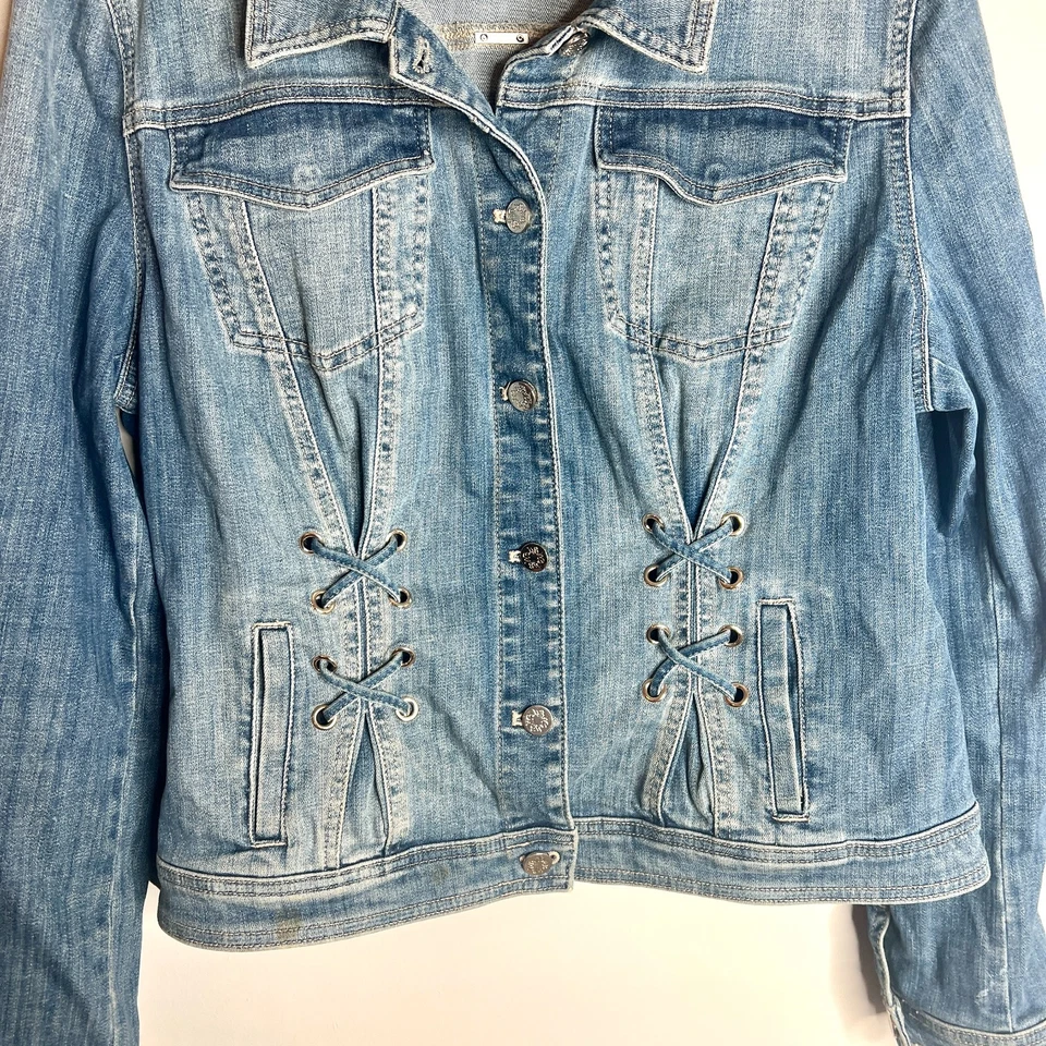 Chaqueta vaquera vaquera WHBM detalle con cordones Western Boho cuello clásico preppy XL Foto 3 de 4
