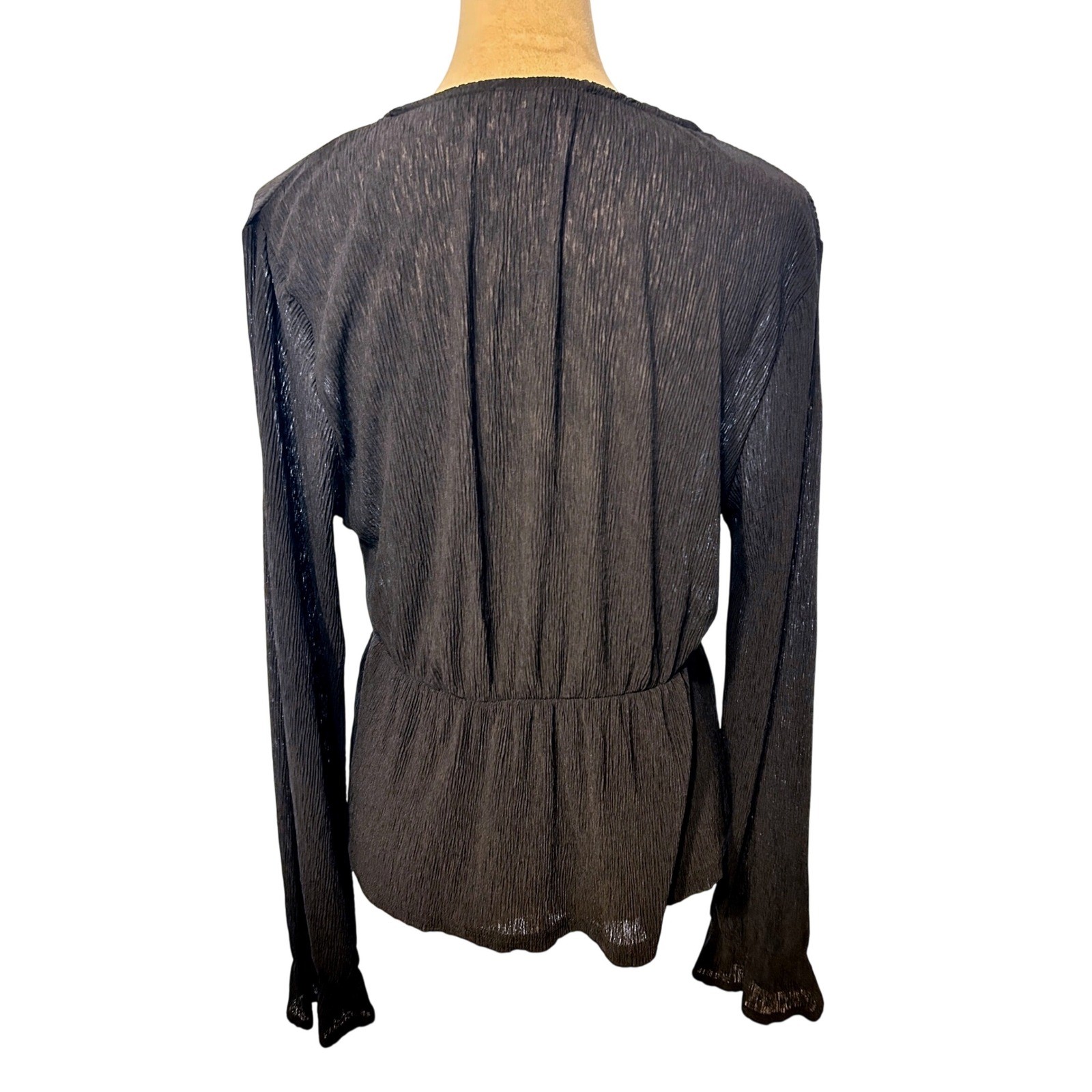 Mango MNG Black Plissé V-Neck Peplum Blouse Women Large image 3