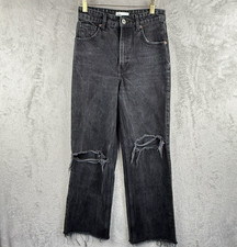 Zara Pants Womens 4 Black Wash Denim Raw Hem Wide Leg Distressed Jeans Grunge