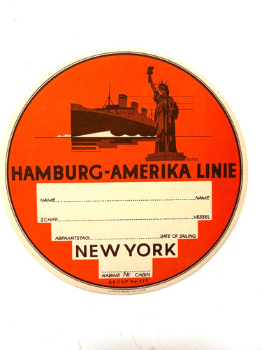 Vintage Luggage Label "Hamburg-Amerika Line" w/ Statue of Liberty & Ship  *