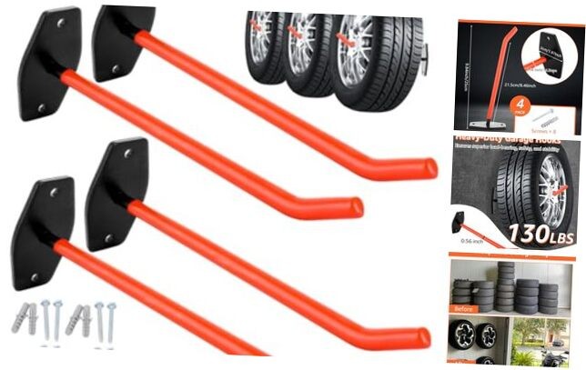 4 Pack Heavy Duty 10 Inch Garage Hooks Wall Mount Tire Rack Holds 88Lbs