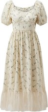 Women Vintage Lace Cottagecore Dress Short Puff Sleeve - One Size