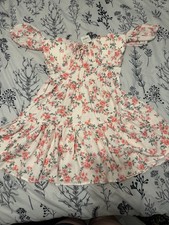 Windsor Ivory Pink Green Floral Chiffon Square Neck Puff Sleeve Mini Dress M