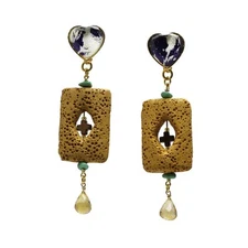 TAMARUSAN Heart Earrings Turquoise Lava Citrine 7.8 cm/3.07 in Made in Japan