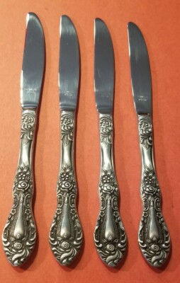 4 Interpur UNF73 Stainless Dinner Knives Japan 8 3/4'' Floral Rose Handle