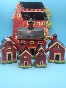 WARREN KIMBLE SAKURA RED BARN SET SUGAR~CREAMER/LID~SALT & PEPPER~TEAPOT~PLATTER