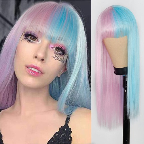 Long Straight Synthetic Wigs Half Blue Half Yellow Wig With Bang Cosplay Costume - Picture 22 of 28