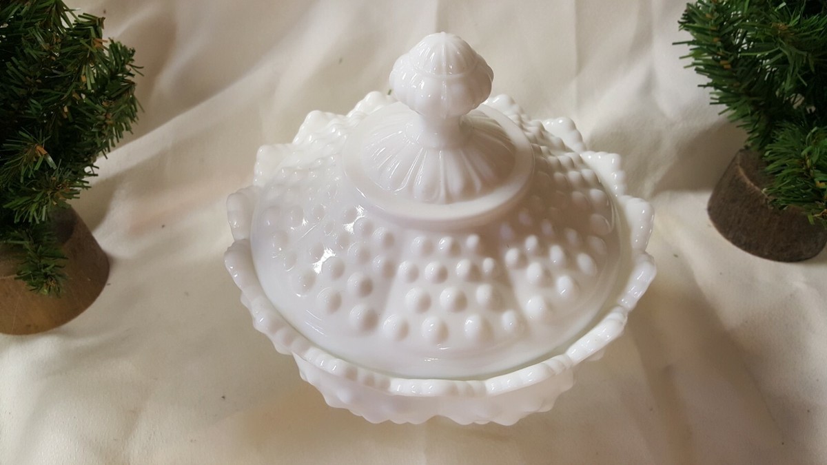 Vintage Fenton White Hobnail Milk Glass Covered Pedestal Candy