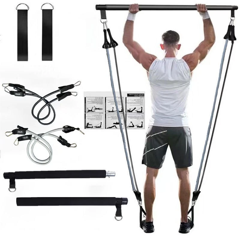 Pilates Bar Kit with 4 Resistance Bands Home Gym Fitness Training Workout Set
