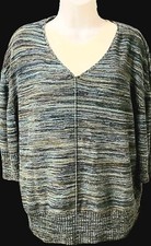 White Stag Aqua Blue Green Horizontal Striping V-Neck Sweater 3/4 sleeve XL16/18