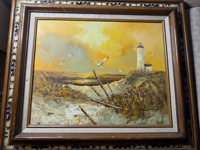 Vintage Engel ''Seaside With Lighthouse And Gulls'' Oil Painting - Signed/Framed