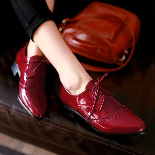 Women Pointed Toe Lace Up Flats Patent 