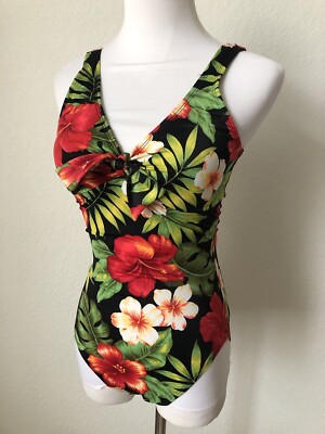 BEACH NATIVE Swimsuit One Piece Hawaiian Tropical Bombshell Bold Floral Boob Bow