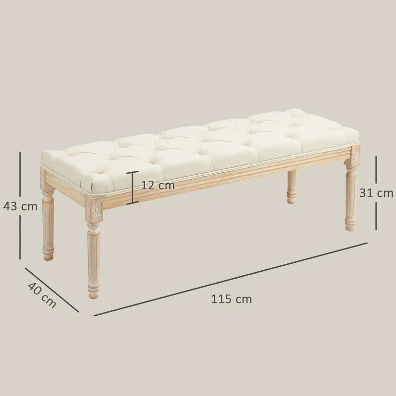 Tufted Cream End of Bed Bench Seat – Vintage Hallway Window Ottoman 115cm - Image 3 of 4
