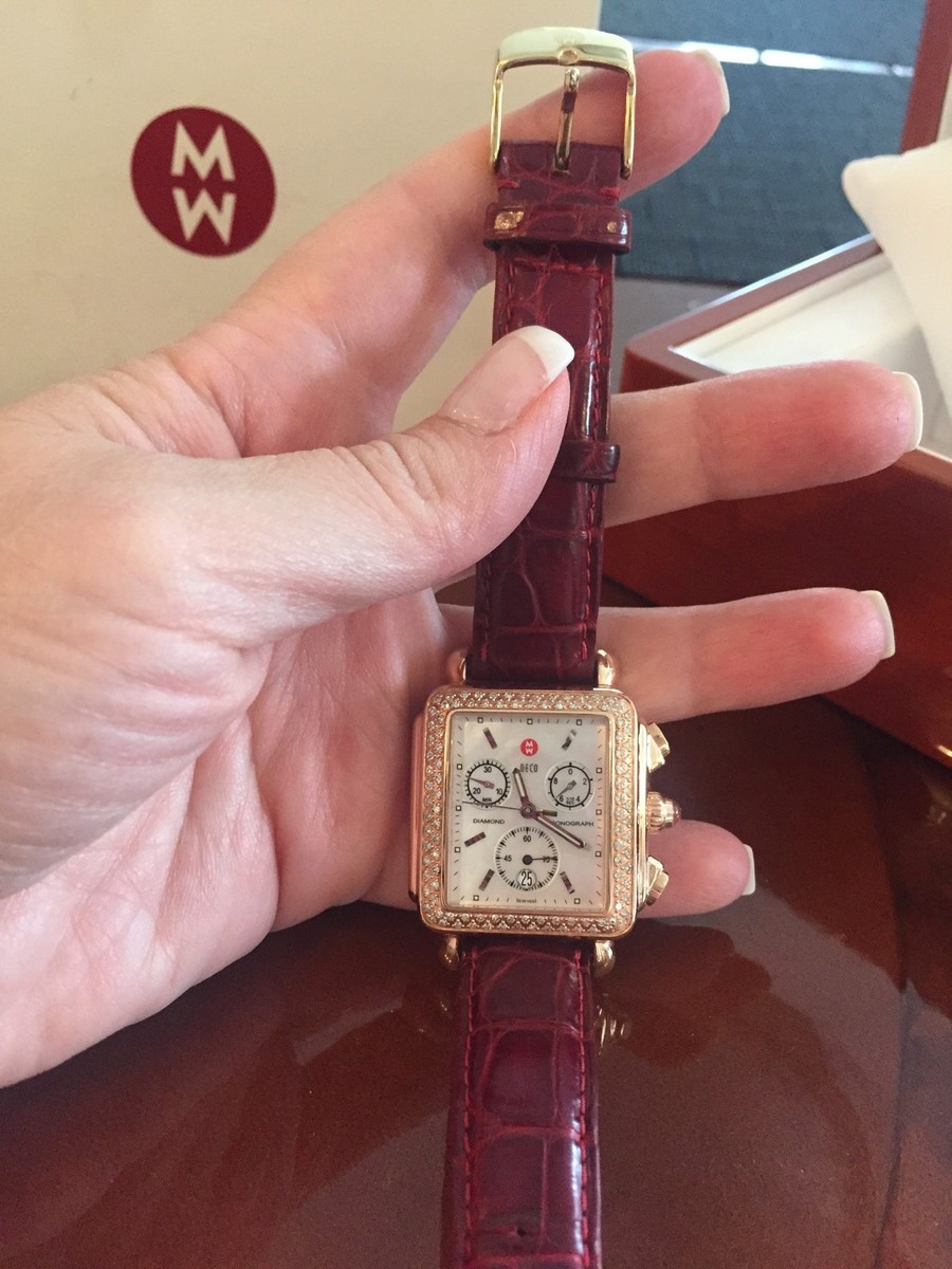Michele Rose Gold Deco Diamond .60ct Alligator Leather Watch  display picture 3