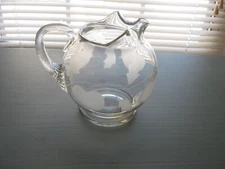 VTG GLASS BALL PITCHER RIBBED HANDLE ETCHED FRUIT PATTERN ICE LIP